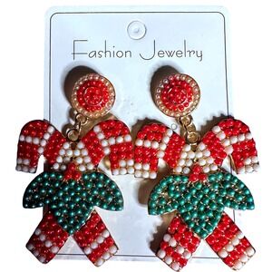 Christmas Candy Cane Dangle Earrings Red White Green Seed Beaded Jewelry